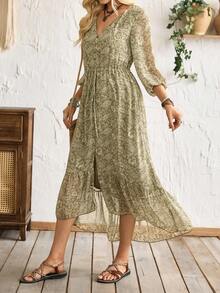 Florisole 女士休闲度假佩斯利印花荷叶边连衣裙，秋季 - 綠色 - 查看 4