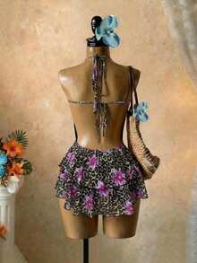 SaltGleam SaltGleam Women's New Sexy Leopard & Floral Print Halter Deep V-Neck Dress - Multicolor - View 2
