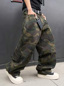 Manfinity Hypemode 男士休闲多口袋迷彩牛仔工装裤，街头时尚 - 軍綠色 - 查看 3