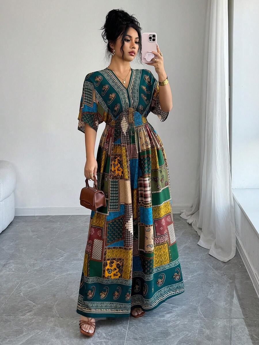 SHEIN Lacomfia Casual Conservative Floral Print Long Dress For Women - Green - View 1