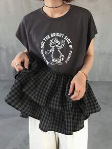 FRIFUL Women's Summer Plaid Patchwork Pleated Ruffle Hem Printed Loose Casual Versatile T-Shirt - Grey - View 6