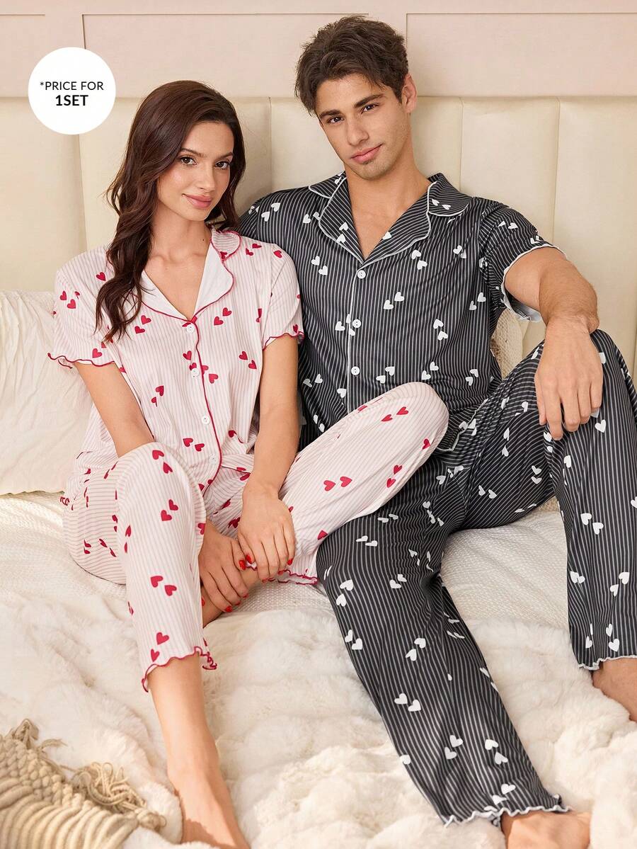 SHEIN Striped Heart Print Button Up Cardigan Casual Loungewear Pajama Set For Men - Black - View 1