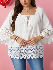 SHEIN LUNE Blouse élégante à bordure en dentelle de couleur unie, respirante et confortable. Élégante pour la Saint-Valentin - Blanc - Voir 4