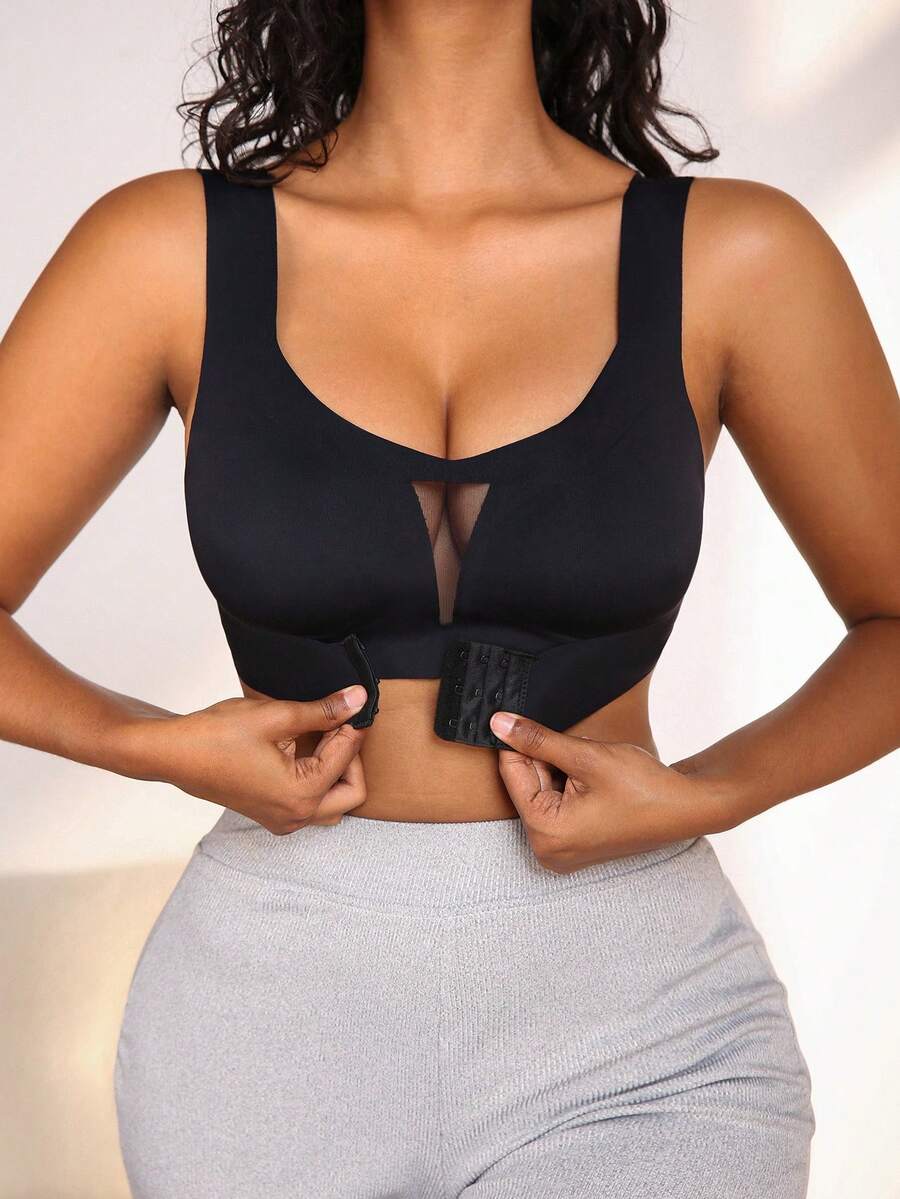 NudeFit Sexy Mesh Patchwork Front Lift Design Seamless Adhesive Bralette - Black - View 1