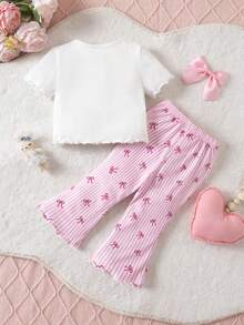 女婴可爱夏季休闲针织蝴蝶结短袖T恤和条纹裤套装 - 粉色 - 查看 2