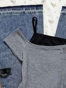 SHEIN Kinder Sommer Y2K Kontrast Farbe Träger Off-Shoulder Casual T-Shirt für Teenager Mädchen, geeignet für Sommer, Urlaub, Lässig, Zuhause, BM Stil anliegendes Gym Top Damen Tops für Sommer Teenager Mädchen Kleidung Tops Off-Shoulder Gym Top - Verschiedenfarbig - Übersicht 4