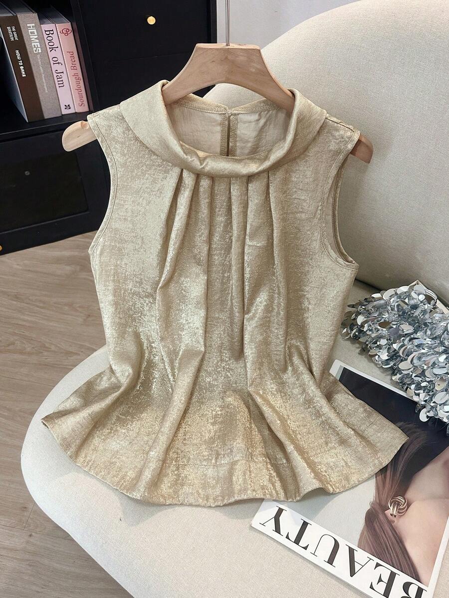 SHEIN Franclia Women's Pleated Halter Neck Sleeveless Elegant Minimalist Tank Top Gold Blouse Elegant Blouse Women Jacquard Blouse Gold Top Sleeveless Blouse Dress Top Gold Blouse For Women Blouse For Women Elegant Classy Women Clothing Dress High Quality Dress Latest Dress Outer Wear For Sleeveless Dress - Apricot - View 1