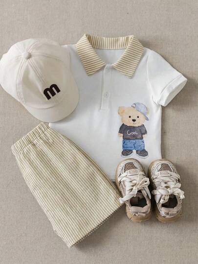 PrepCrw Baby Boys Preppy Bear Pattern Polo Shirt And Striped Shorts Set