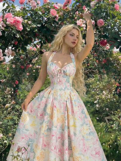 SHEIN MOD Vestido elegante de cuello halter con estampado floral, cintura ceñida y lazo delantero