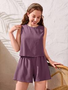 SHEIN Teen Girl's Casual Sleeveless Solid Light Purple Textured Fabric Set, Spring/Summer - Dusty Purple - View 4
