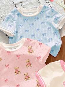 SHEIN 3件套少女休闲马卡龙系列奶油粉、奶油白、奶油蓝配色，复古可爱樱桃、蝴蝶结、小熊印花时尚甜美圆领短袖T恤，适合春夏日常穿着，街头风 - 彩色 - 查看 3