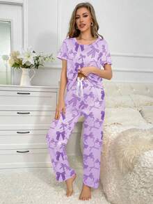 SHEIN Pink Butterfly Print Short Sleeve Pajama Set - Multicolor - View 5