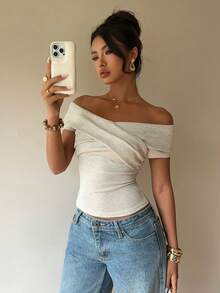 SHEIN PETITE CURVE Áo thun trễ vai thời trang cỡ lớn dành cho nữ, mùa hè - Màu be - Xem 6