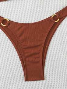 Swim Basics 夏季沙滩女士纯色挂脖式文胸和泳裤比基尼套装泳衣棕色比基尼两件式比基尼 - 紅木色 - 查看 3