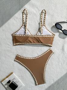 Swim Basics مجموعة بكيني ثلاثية قطع للنساء بخصر منخفض وتريم من أصداف البحر، بألوان صلبة وأشرطة قابلة للتعديل، موديل جديد لصيف - متعدد الألوان - مشاهدة 2