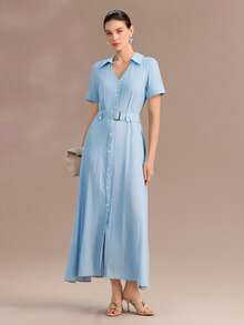 Uhlyne Đầm kiểu Pháp tối giản chất liệu rayon viscose giả denim, cổ chữ V, thắt eo, phong cách giản dị nhưng thanh lịch, phù hợp cho đi làm, nghỉ lễ, mặc hàng ngày, dự tiệc hoặc đi nghỉ mát. - Màu xanh lam - Xem 6