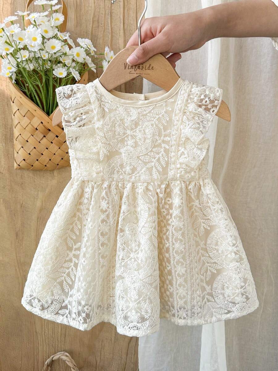 Vintaside Kids Newborn Baby Girl Embroidered Mesh Dress, Countryside Style, Spring/Summer Fashion, Elegant Delicate Dress