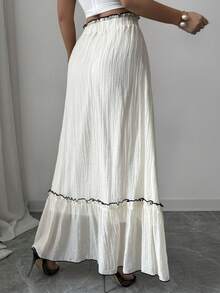 Modelyn A-Line Elastic Waist Ruffle Hem Patchwork Skirt - Apricot - View 3