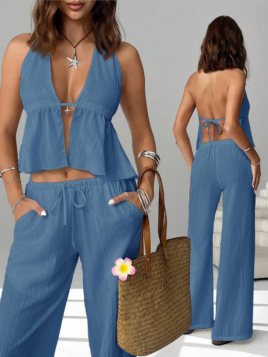 SHEIN EZwear 女士梭织两件套休闲度假沙滩装,春夏款 - 中等水洗藍 - 查看 1