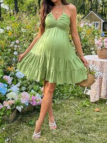 SHEIN Maternity Vacation Solid Color Ruffle Hem Halter Neck Dress Green Baby Shower Sundress Summer - Green - View 3