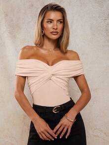 COSMINA Women's Solid Color Off-Shoulder Twist Design Bodysuit - Baby Pink - View 3