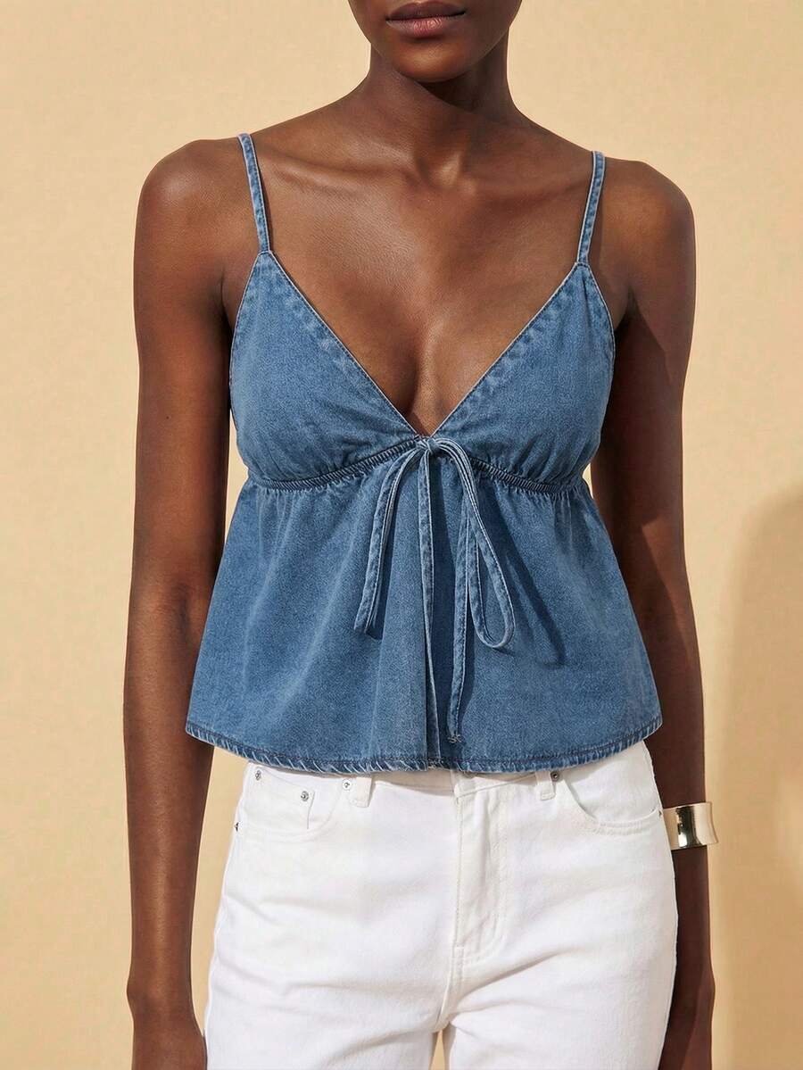 Travachic 女士纯色简约休闲牛仔吊带背心 - 淺色水洗藍 - 查看 1