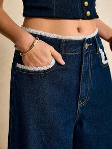 Poéselle Women's Contrast Trim Slant Pocket Casual Wide Leg Jeans - Black - View 3