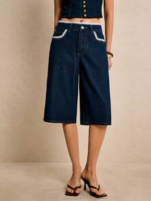 Poéselle Women's Contrast Trim Slant Pocket Casual Wide Leg Jeans - Black - View 5