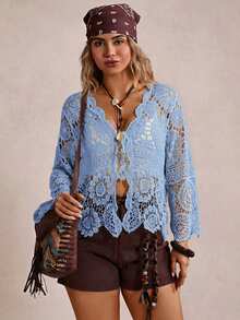 Freevana Cárdigan de manga larga con abertura, unicolor, talla grande, para usar de vacaciones - Celeste - Ver 4