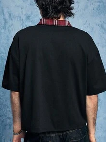 ROMWE MEN Street Life Men's Casual Polo Patchwork T-Shirt - Black - View 3