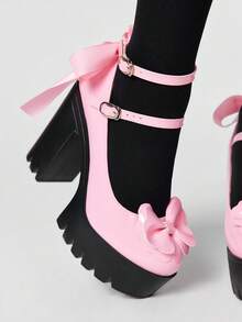 ROMWE Kawaii Women's Sexy Platform Mary Jane Shoes With Lace Bow Embellishment At The Back; Stylish Double-Strap Adjustable Back Strap With Buckle For Spring And Autumn; Perfect For Parties, Outings, And Dates. Y2K 2000s Style - Pink - View 5