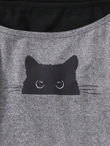 SHEIN Teenager Mädchen Sommer Neuankömmling Koreanischer Stil Süßes Thema Grau Off-Shoulder Kurzarm T-Shirt, mit einem Design, das durch verspielte Schwarze Katzen Drucke betont wird und einen niedlichen Charme verleiht; vielseitig und auffallend zu tragen, perfekt für tägliche Ausflüge oder Treffen Sommer Tops Katze Süße Tops Süße Tops - Grau - Übersicht 5