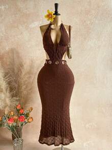 SHEIN WYWH 春夏新款休闲度假西式海滩婚礼宾客礼服毕业早午餐连衣裙，优雅波西米亚热带风情金属装饰连衣裙，露背吊带，褶皱设计，适合派对，腰部镂空设计，女士款 - 棕色 - 查看 5