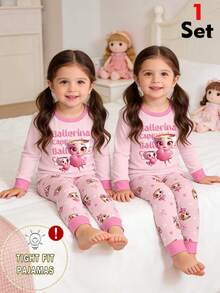 1 Conjunto de Pijama para Niñas Jóvenes con Parte Superior de Manga Larga de Punto Ajustada con Cuello y Puños a Contraste con Estampado de Corazones y Niñas, y Pantalones con Estampado Completo - Rosa - Ver 1
