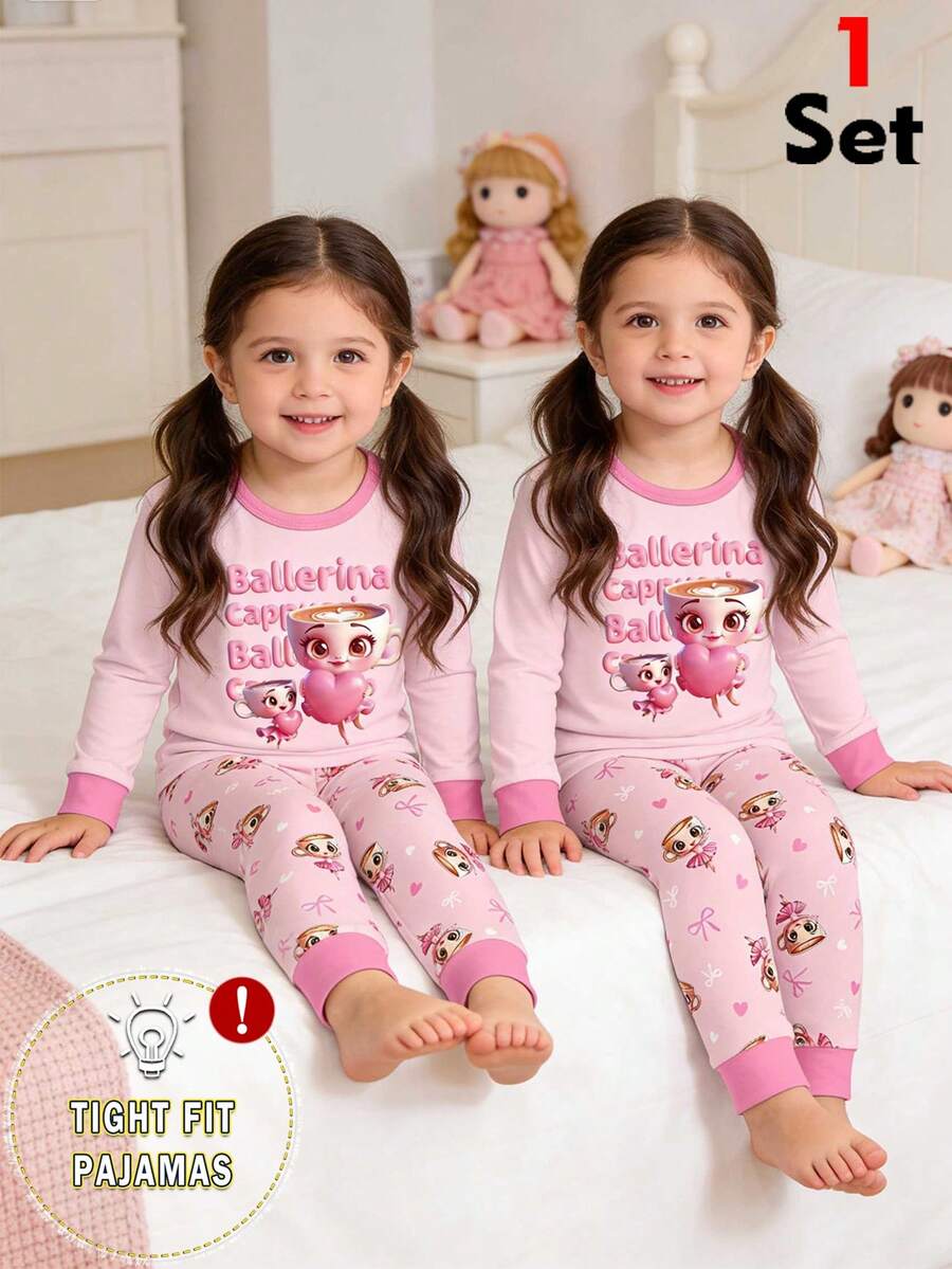 1 Conjunto de Pijama para Niñas Jóvenes con Parte Superior de Manga Larga de Punto Ajustada con Cuello y Puños a Contraste con Estampado de Corazones y Niñas, y Pantalones con Estampado Completo - Rosa - Ver 1