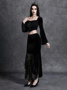 Glisette 2pcs Women's Fashionable Black Velvet & Lace Patchwork Set - Black - View 6