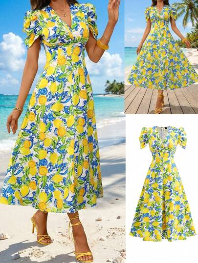 Ellevyn Vestido largo elegante y ajustado para mujer, con escote cruzado, botones de perla, mangas abullonadas, vestido de vacaciones