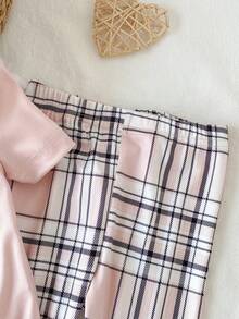 2pcs Baby Girls Elegant Pink Black White Plaid Bear Bow Print Round Neck Long Sleeve Top And Plaid Pants Snug Fit Comfortable Homewear Set - Pink - View 5