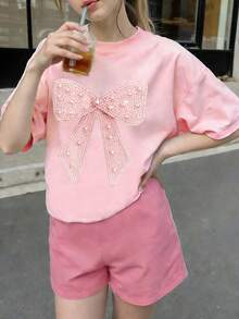 春夏秋季少女休闲时尚创意个性清新别致仿珍珠蝴蝶结装饰印花舒适基础款粉色短款T恤，温暖舒适的夏秋款式，适合春夏秋季穿着。 - 粉色 - 查看 7