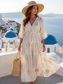 SHEIN Holidaya New Fashion Versatile Casual Drawstring Foil Print French Style Vacation Dress For Women Women Vacation Dress Boho Summer Dress Women Mediterranean Style Clothes Greece Vacation Outfits Women Italy Summer Dress - White - View 3