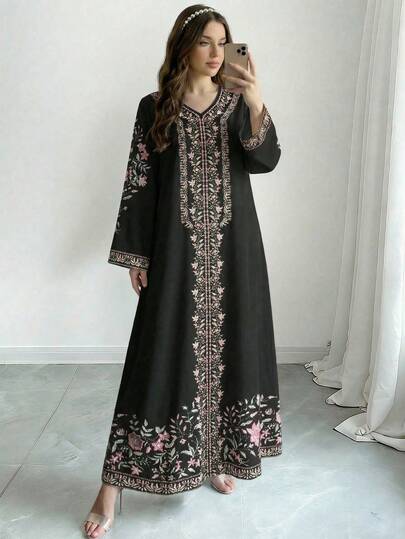 Teen Girl Casual Fashionable Middle Eastern Maxi Dress, Classic Print Pattern Loose Fit Comfortable, Suitable For Summer, Autumn, Spring Daily, Commuting, Outing, Party, Photography Wear.