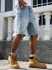 Manfinity EMRG Men's Casual Streetwear Distressed Denim Shorts With 3D Text Design - Light Wash - View 7