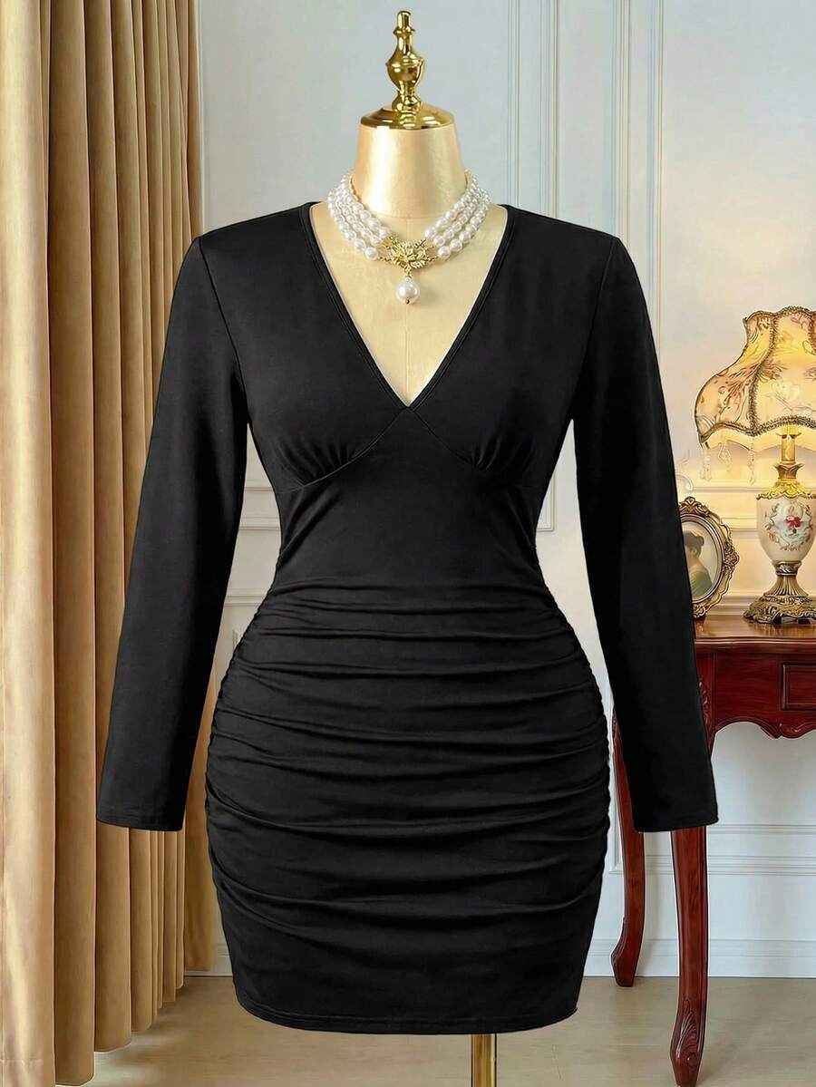 Rometta Plus Size Black Solid Color Knit Bodycon Long Sleeve Soft & Comfortable Sexy & Elegant Woman Dress Fall Cloth For Women - Black - View 1