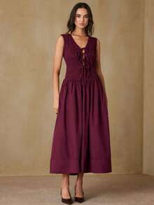 Aveloria Revavyn Vestido largo elegante con cuello en V profundo, cintura fruncida y anudada, adecuado para fiestas y eventos - Burdeos - Ver 3