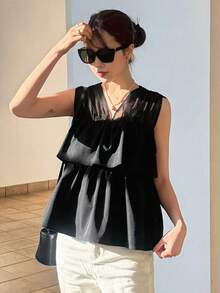 FRIFUL Women's Solid Color Mesh Patchwork Sleeveless Shirt With Double Ruffle Hem Summer - Black - View 3