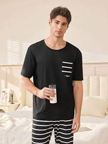 SHEIN Men's Striped Pocket Short Sleeve & Long Pants Casual Pajama Set - Black - View 6