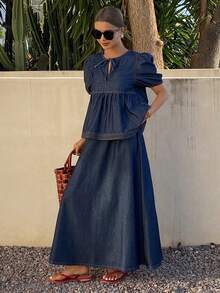 Livesso Spring/Summer Romantic Loose Casual Vacation Style Blue Shirt And Loose Denim Skirt Women's 2-Piece Set - Blue - View 2