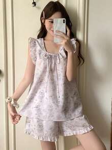 DAZY Summer Sweet Happy Dog Print Loose Ruffled Hem Women Pajama Set - Mauve Purple - View 6