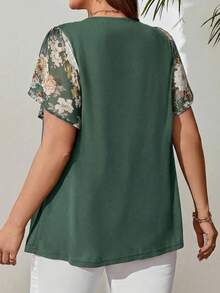 Miaspire Plus Size Women'S Floral Print Tie-Down Black Top For Spring, Summer Tops - Green - View 2