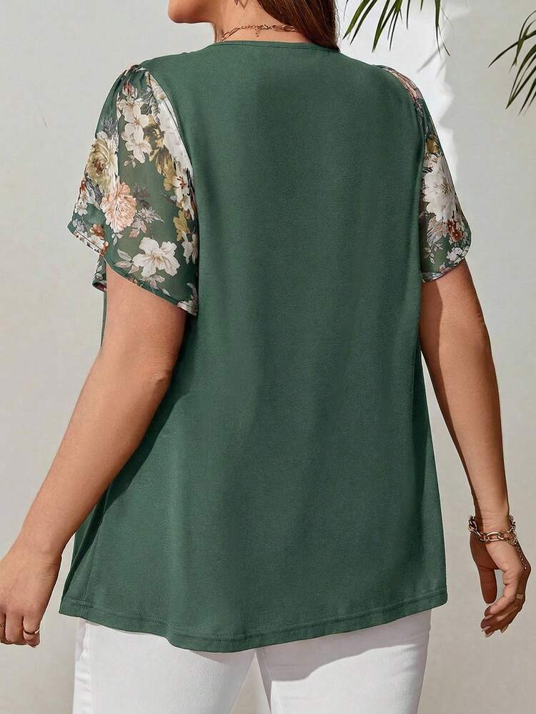 Plus Size Women'S Floral Print Tie-Down Black Top For Spring, Summer Tops